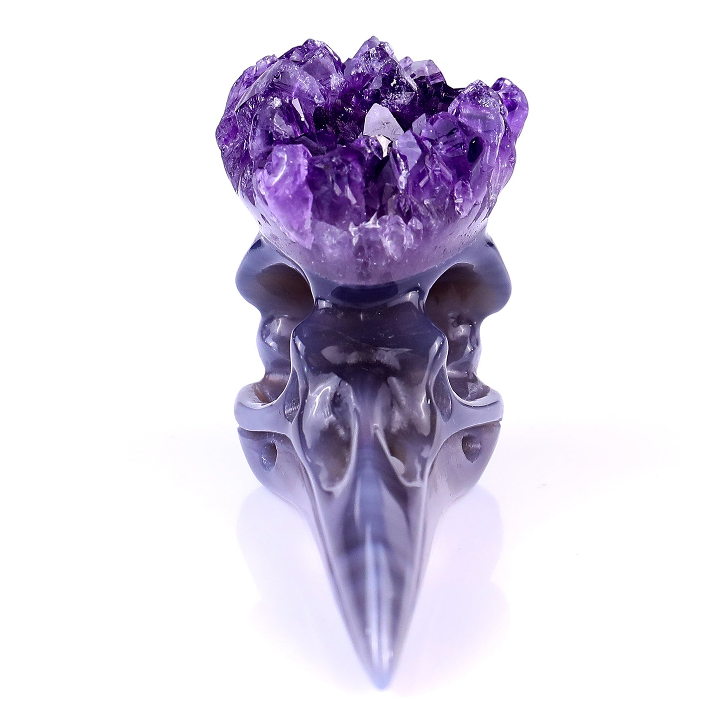 3.4" Amethyst Druse Agate Hand Carved Crystal Raven Skull Sculpture Crystallumi