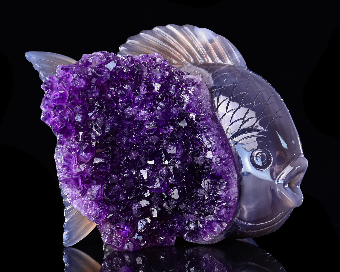 5.3" Amethyst Druse Agate Hand Carved Crystal Fish Sculpture