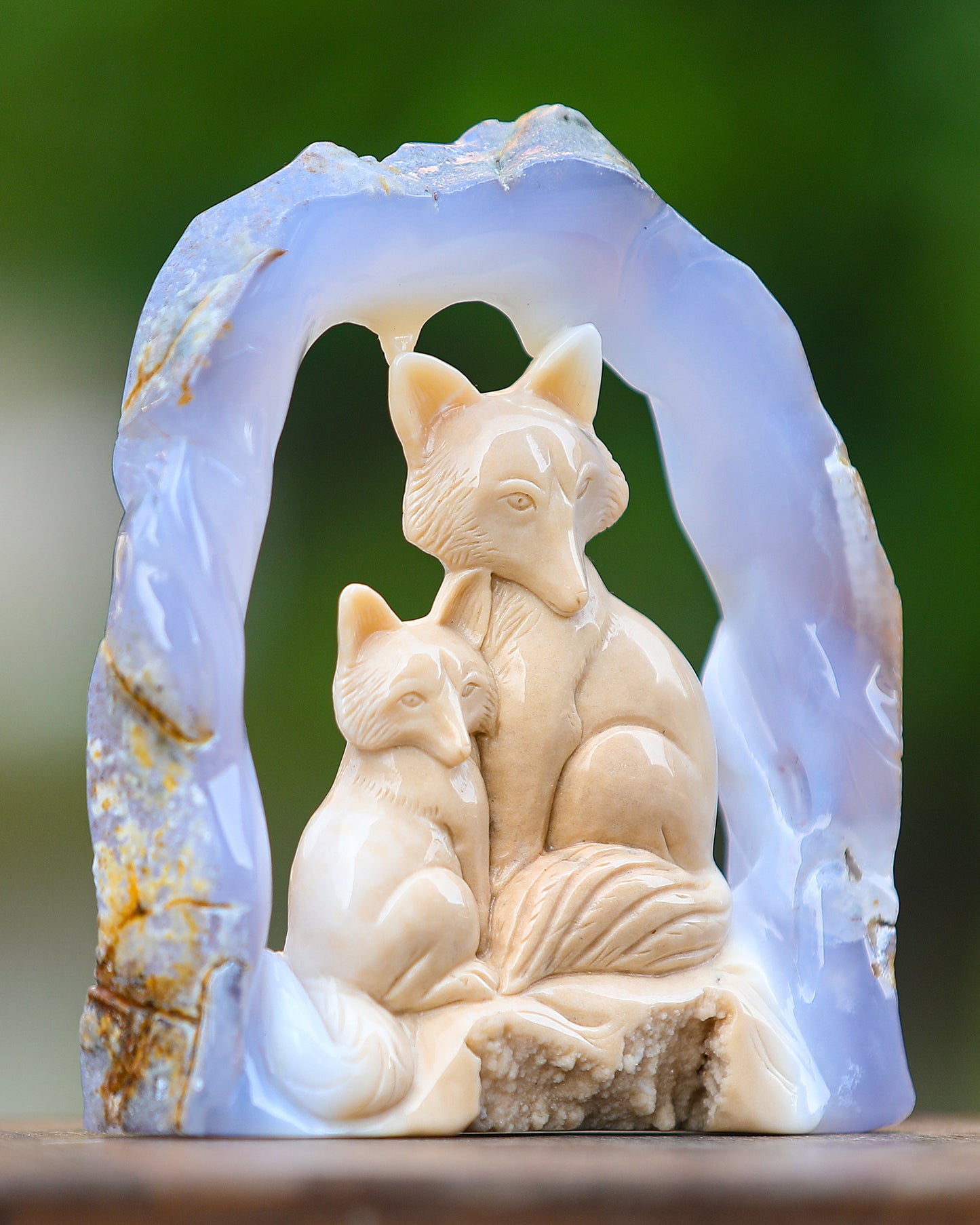 Amazing 6.5" Blue Chalcedony Hand Carved Crystal Foxes Sculpture