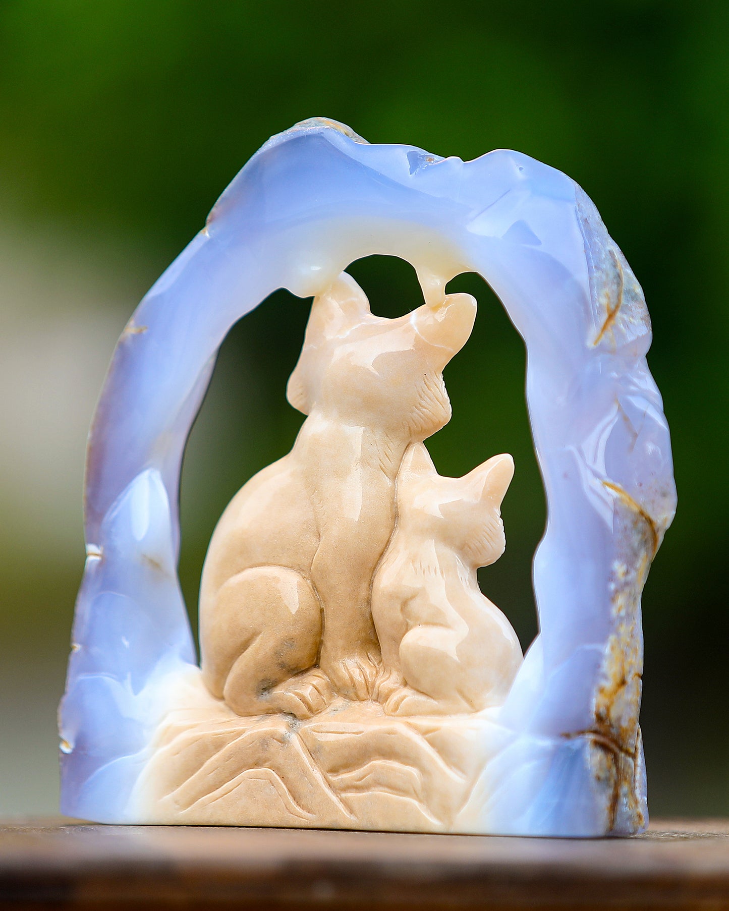 Amazing 6.5" Blue Chalcedony Hand Carved Crystal Foxes Sculpture