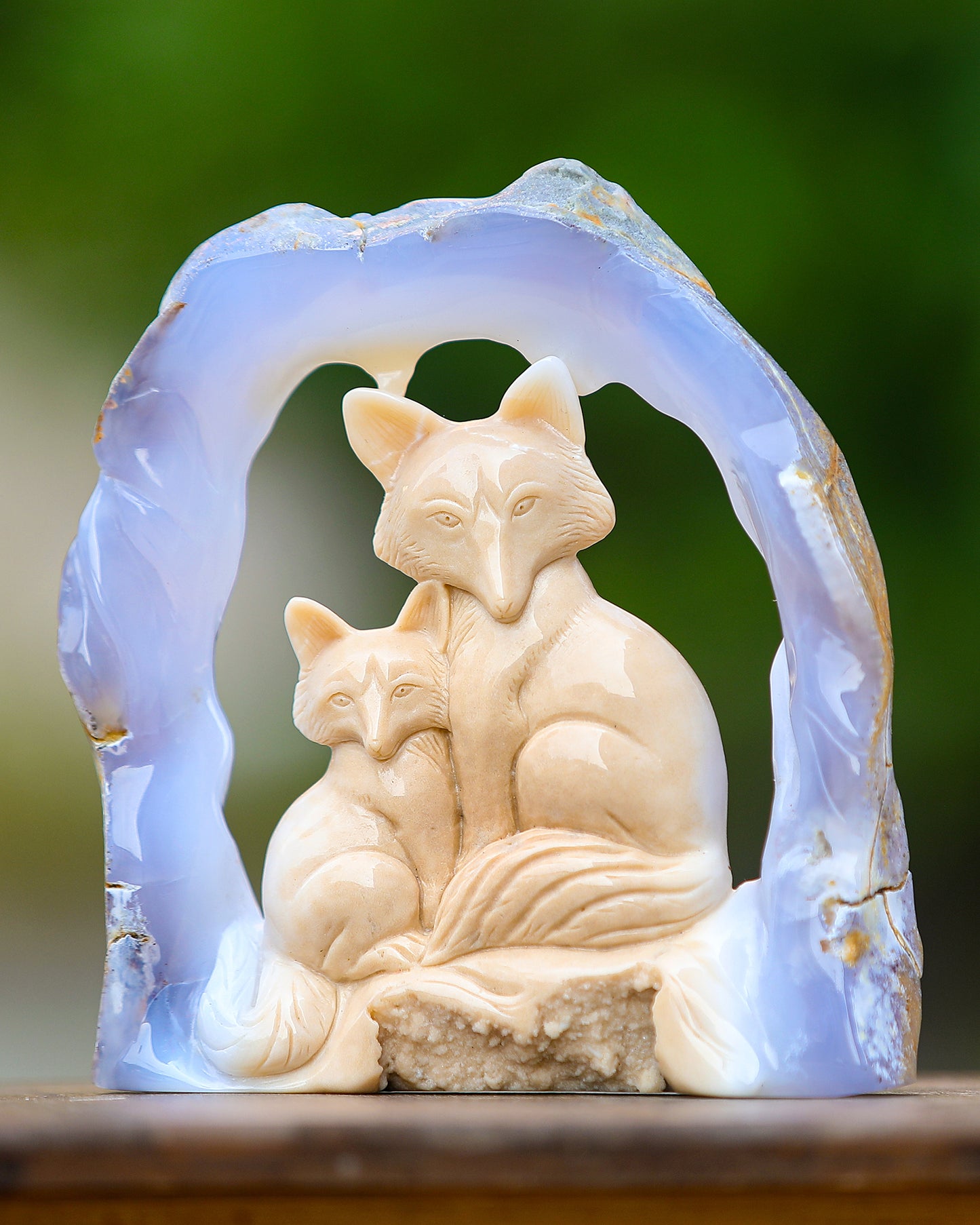 Amazing 6.5" Blue Chalcedony Hand Carved Crystal Foxes Sculpture