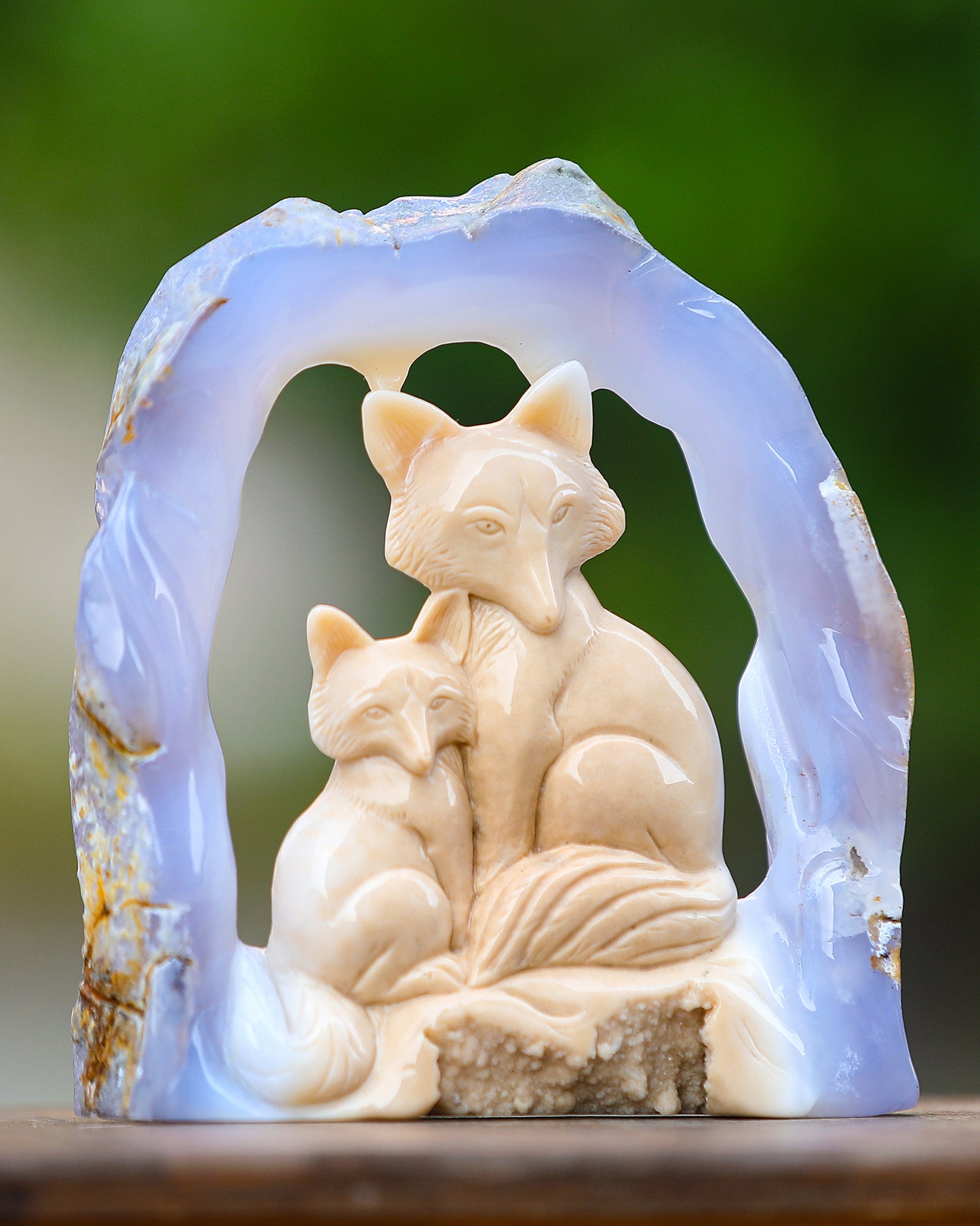 Amazing 6.5" Blue Chalcedony Hand Carved Crystal Foxes Sculpture