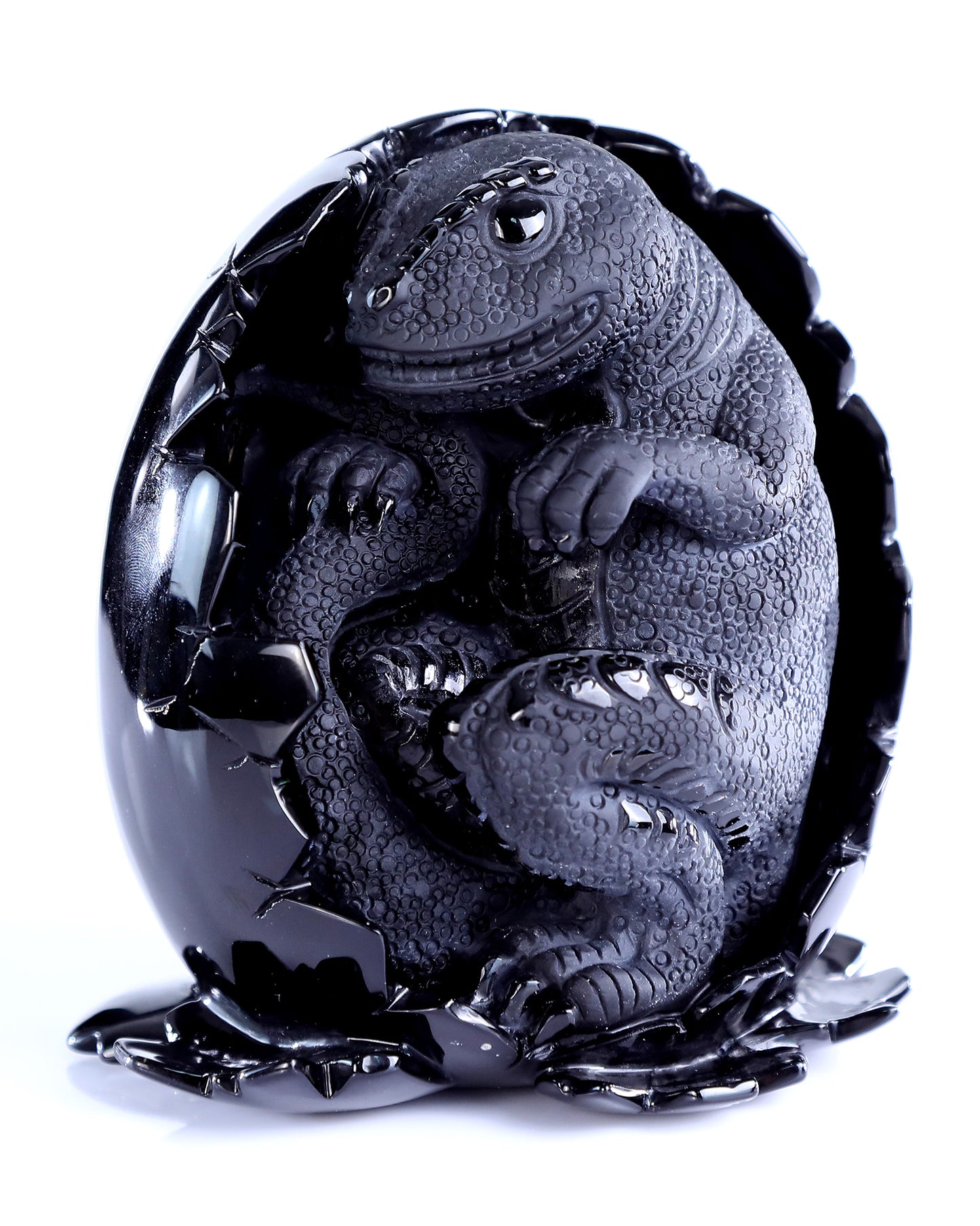 5.3" Black Obsidian Hand Carved Crystal Dragon Baby Egg Sculpture