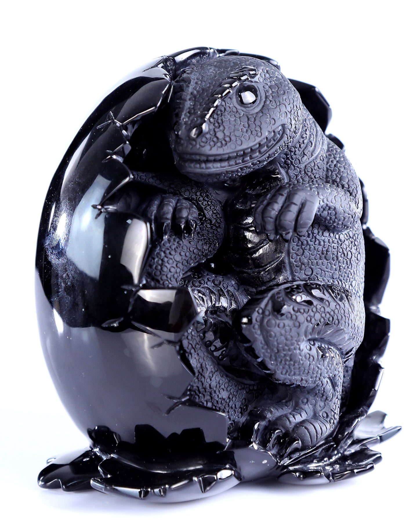 5.3" Black Obsidian Hand Carved Crystal Dragon Baby Egg Sculpture