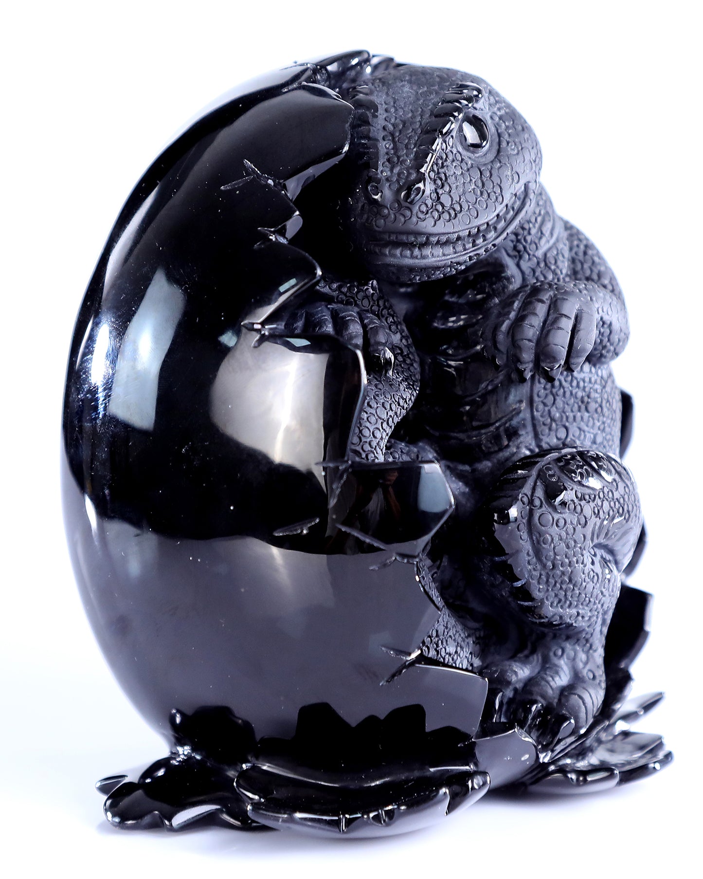 5.3" Black Obsidian Hand Carved Crystal Dragon Baby Egg Sculpture