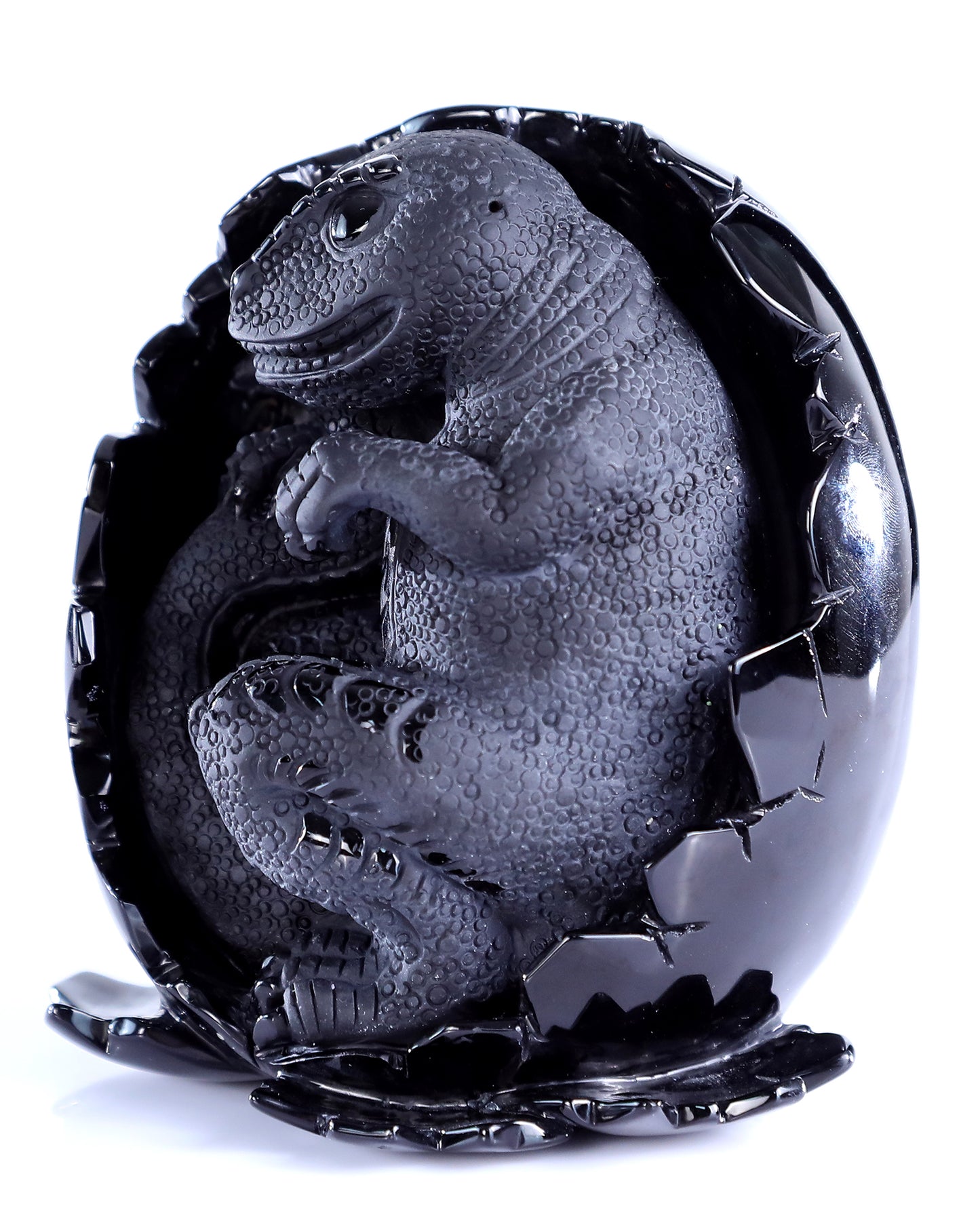 5.3" Black Obsidian Hand Carved Crystal Dragon Baby Egg Sculpture