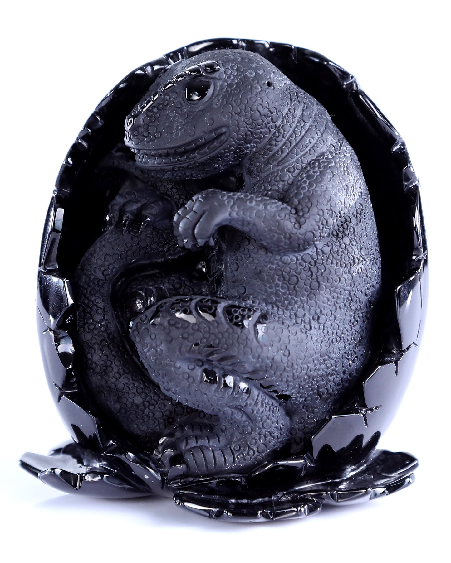 5.3" Black Obsidian Hand Carved Crystal Dragon Baby Egg Sculpture