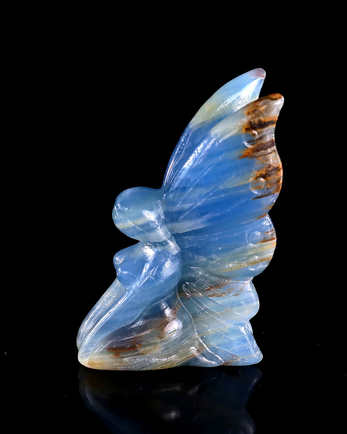 3" Blue Onyx Hand Carved Crystal Flower Faerie Sculpture