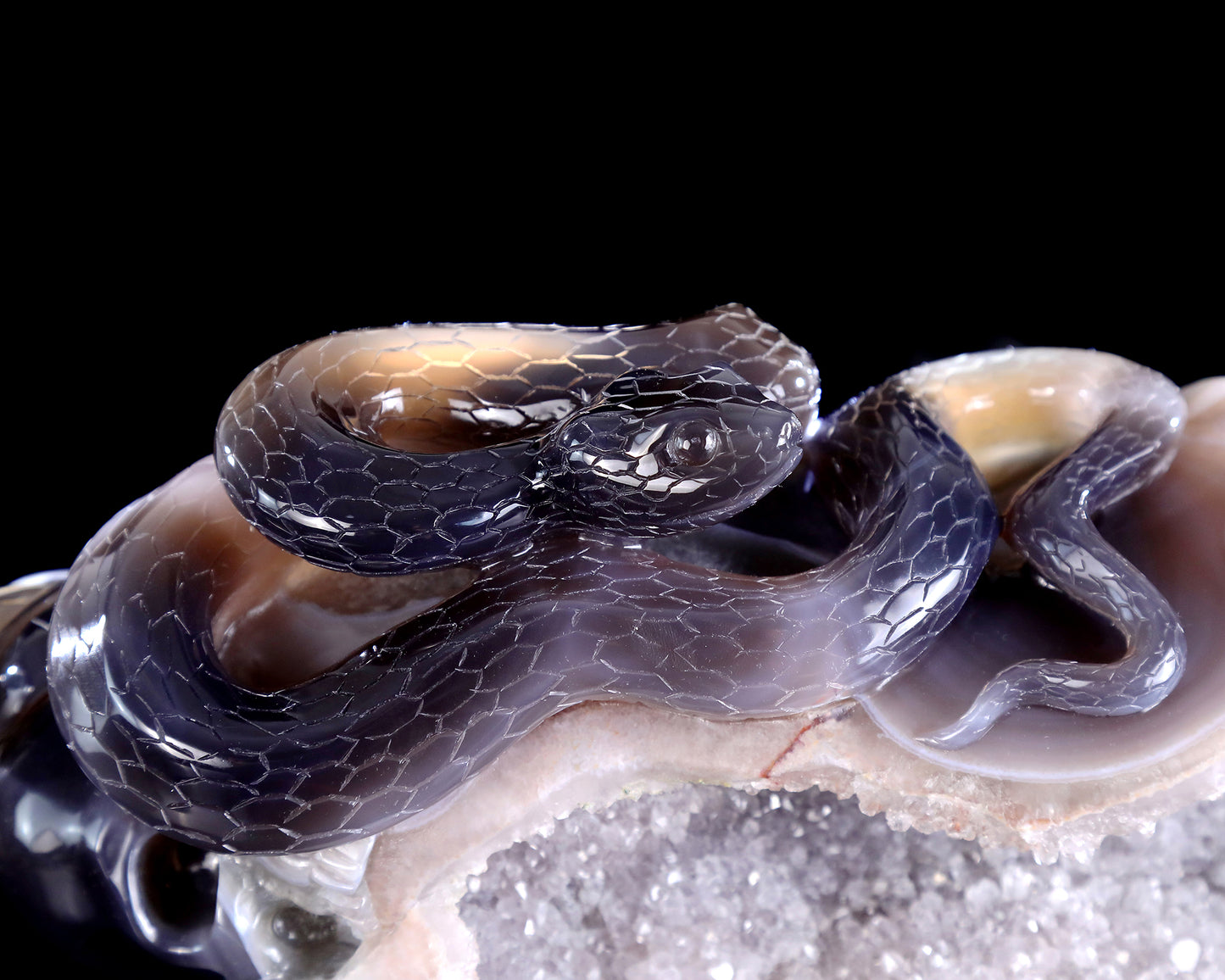 11" Natural Amethyst Druse Agate Hand Carved Crystal Snake Sculpture