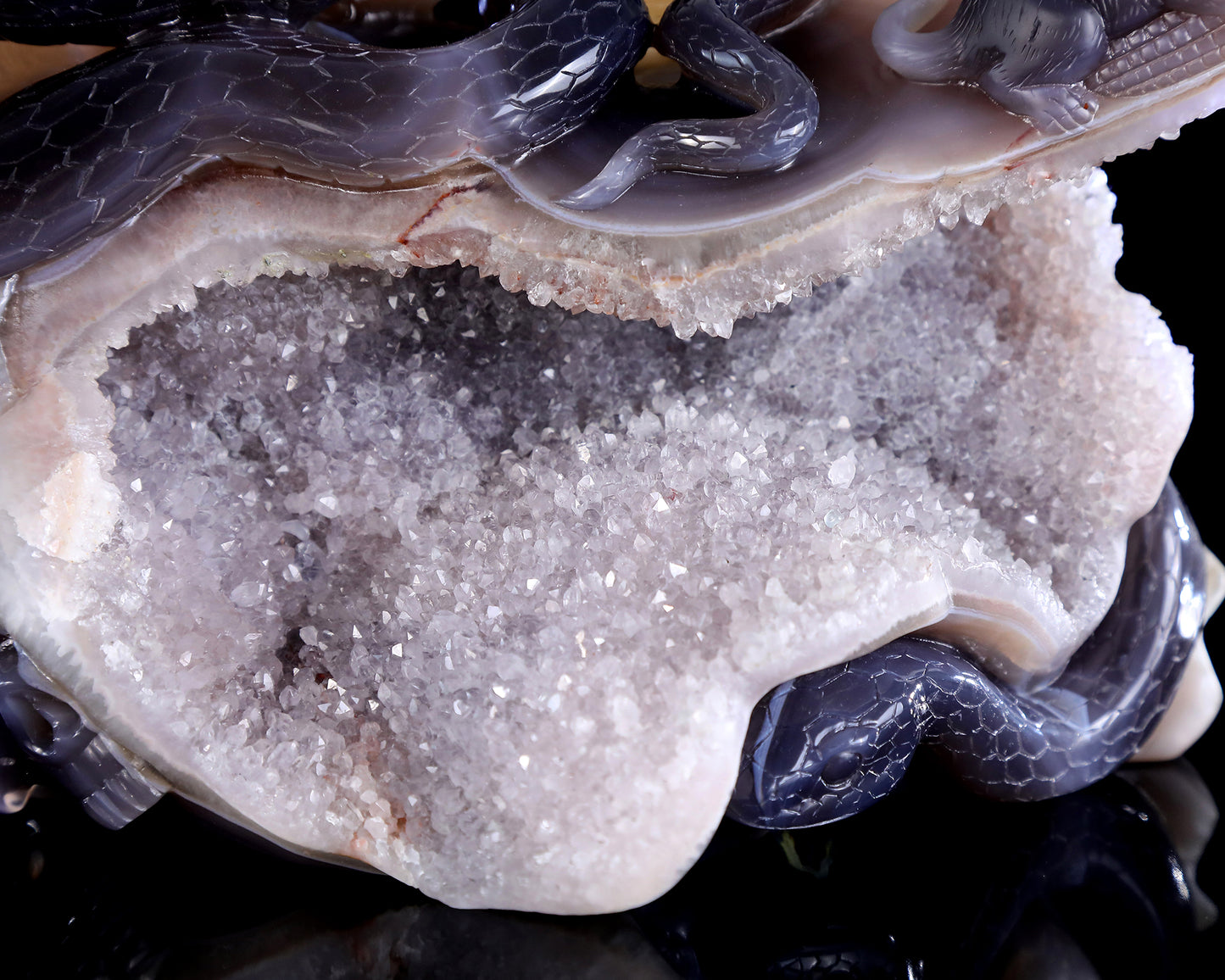 11" Natural Amethyst Druse Agate Hand Carved Crystal Snake Sculpture