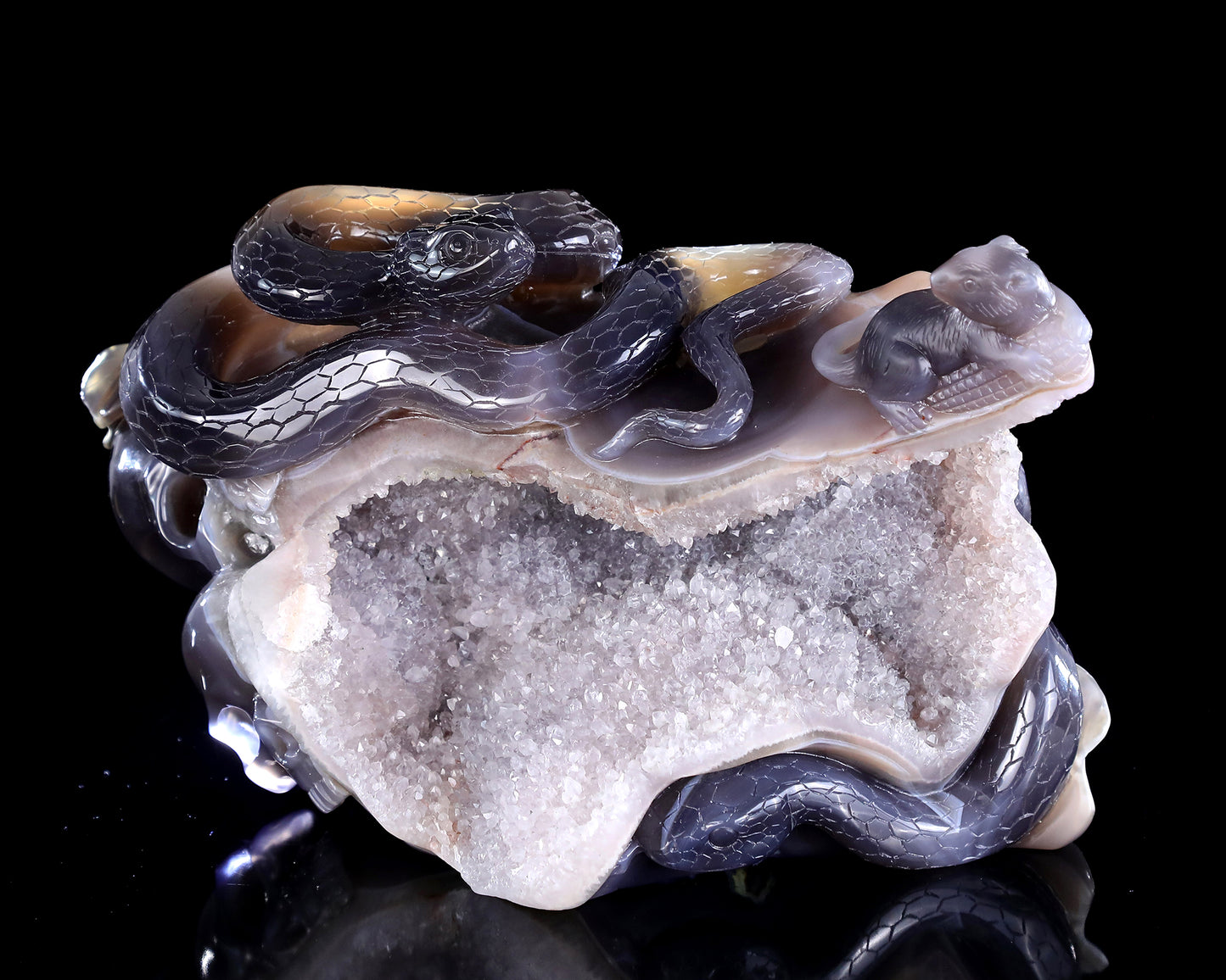 11" Natural Amethyst Druse Agate Hand Carved Crystal Snake Sculpture