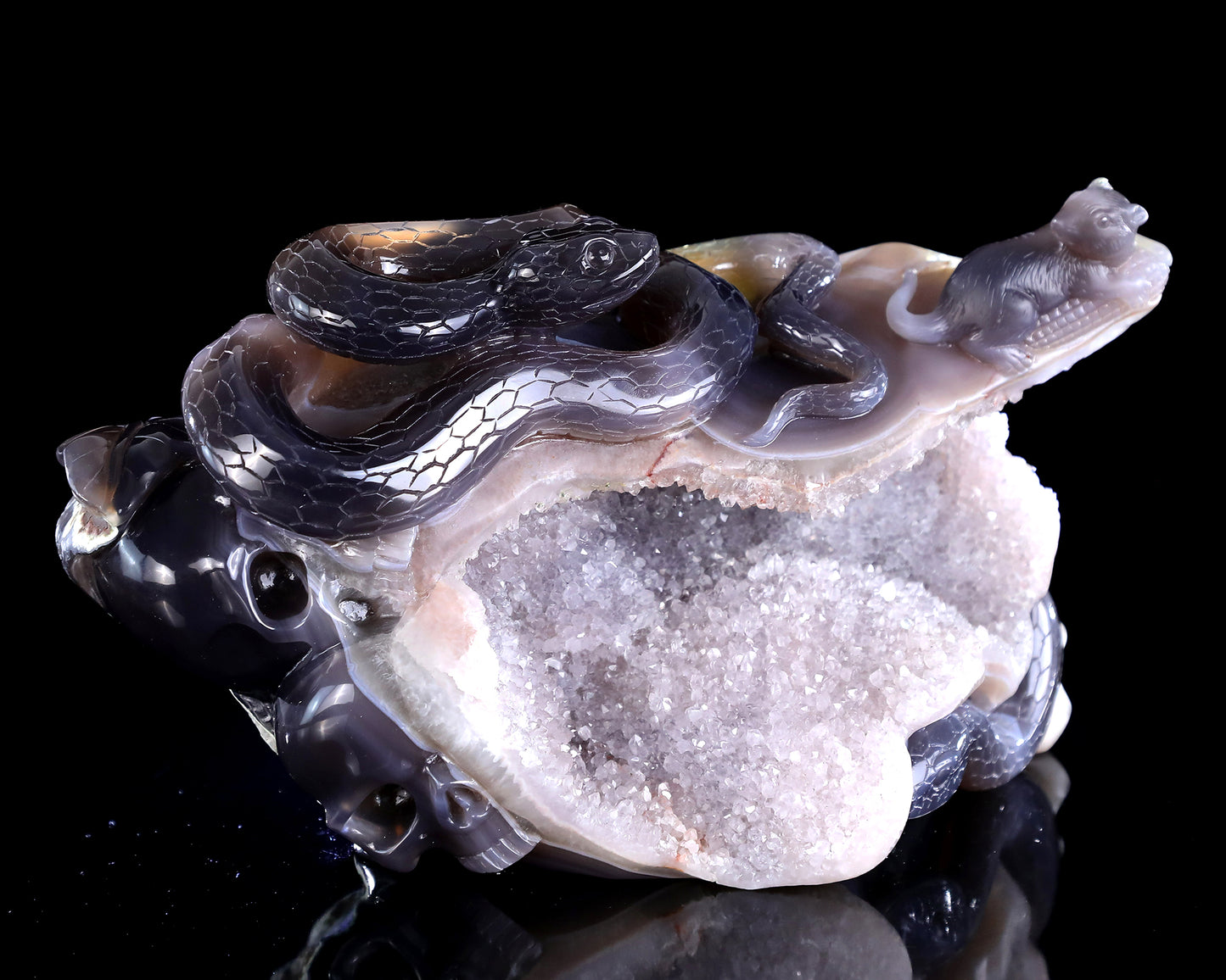 11" Natural Amethyst Druse Agate Hand Carved Crystal Snake Sculpture