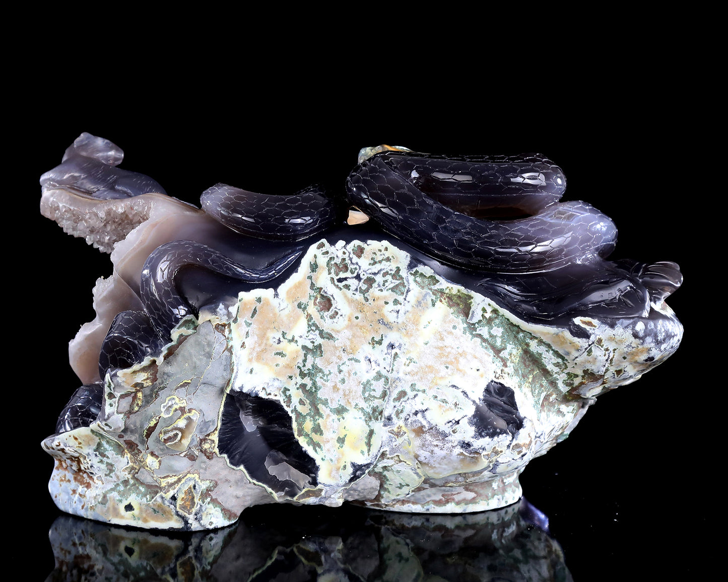 11" Natural Amethyst Druse Agate Hand Carved Crystal Snake Sculpture