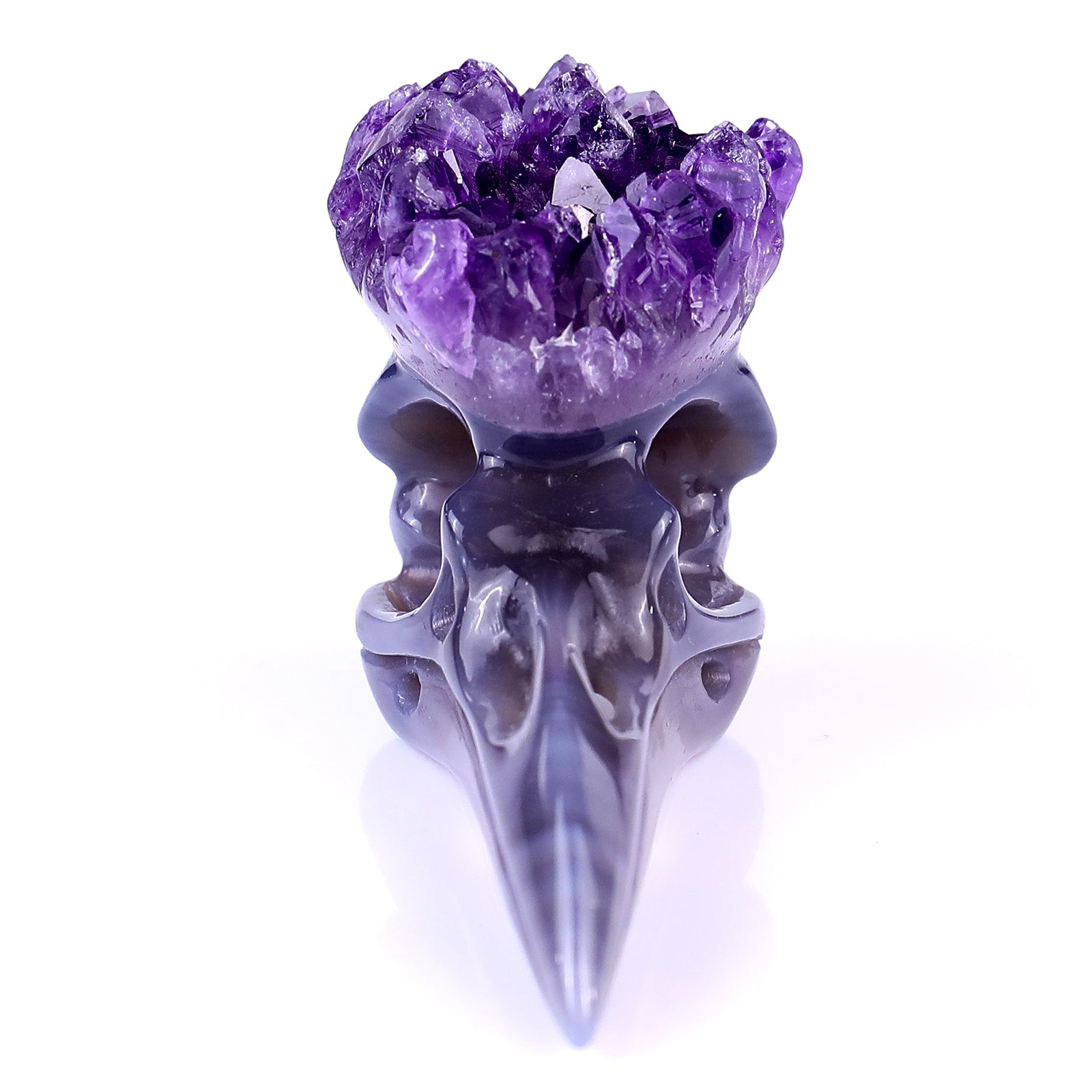 3.4" Amethyst Druse Agate Hand Carved Crystal Raven Skull Sculpture Crystallumi