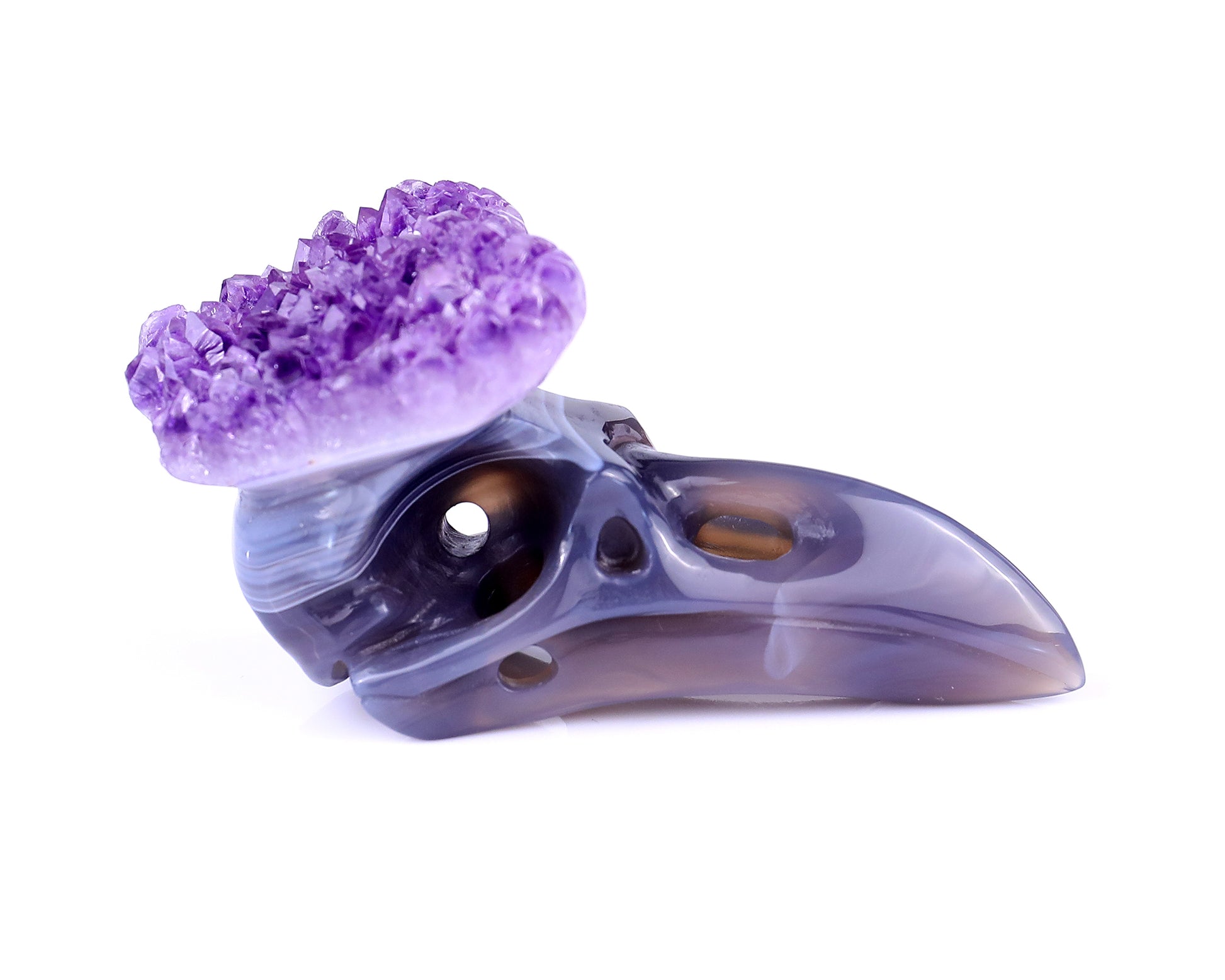 3.7" Amethyst Druse Agate Hand Carved Crystal Raven Skull Sculpture Crystallumi