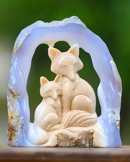 Amazing 6.5" Blue Chalcedony Hand Carved Crystal Foxes Sculpture