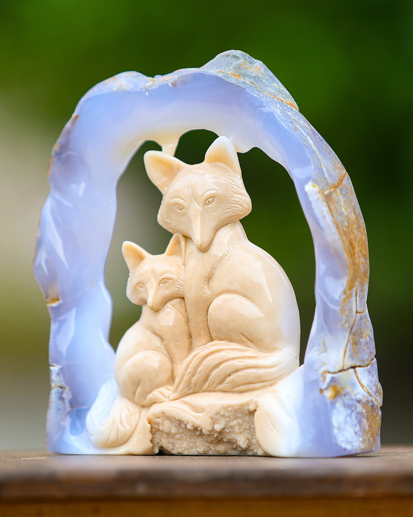 Amazing 6.5" Blue Chalcedony Hand Carved Crystal Foxes Sculpture