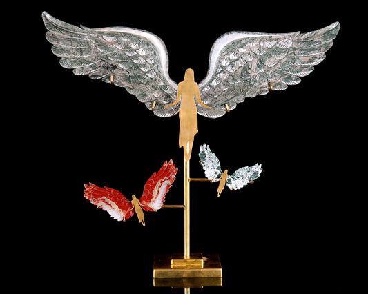 15" Natural Jiulong Jade Hand Carved Crystal Spirit Wings Sculpture, Angel Wings