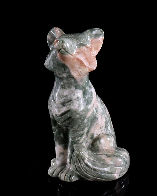 2.9" Natural Jiulong Jade Hand Carved Crystal Fox Sculpture