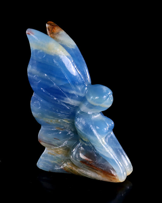 3" Blue Onyx Hand Carved Crystal Flower Faerie Sculpture
