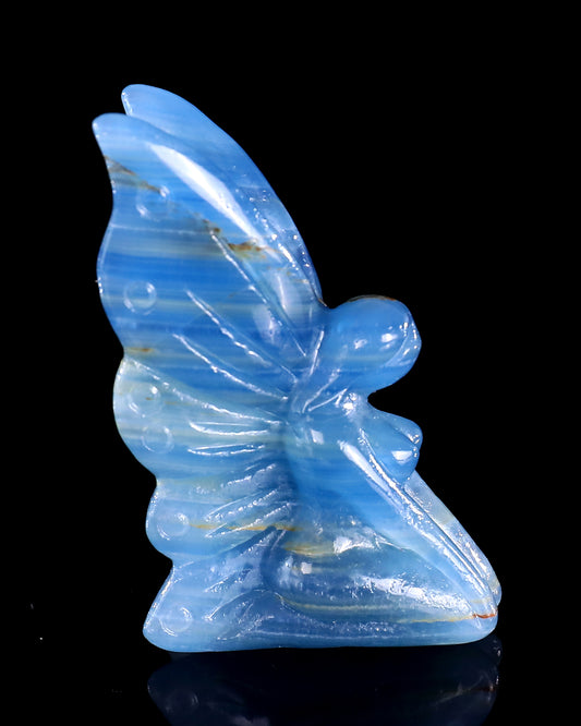 3" Blue Onyx Hand Carved Crystal Flower Faerie Sculpture