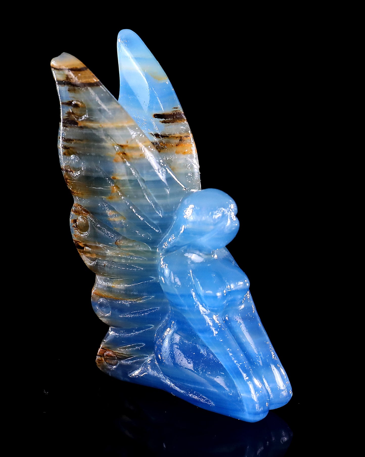 3" Blue Onyx Hand Carved Crystal Flower Faerie Sculpture