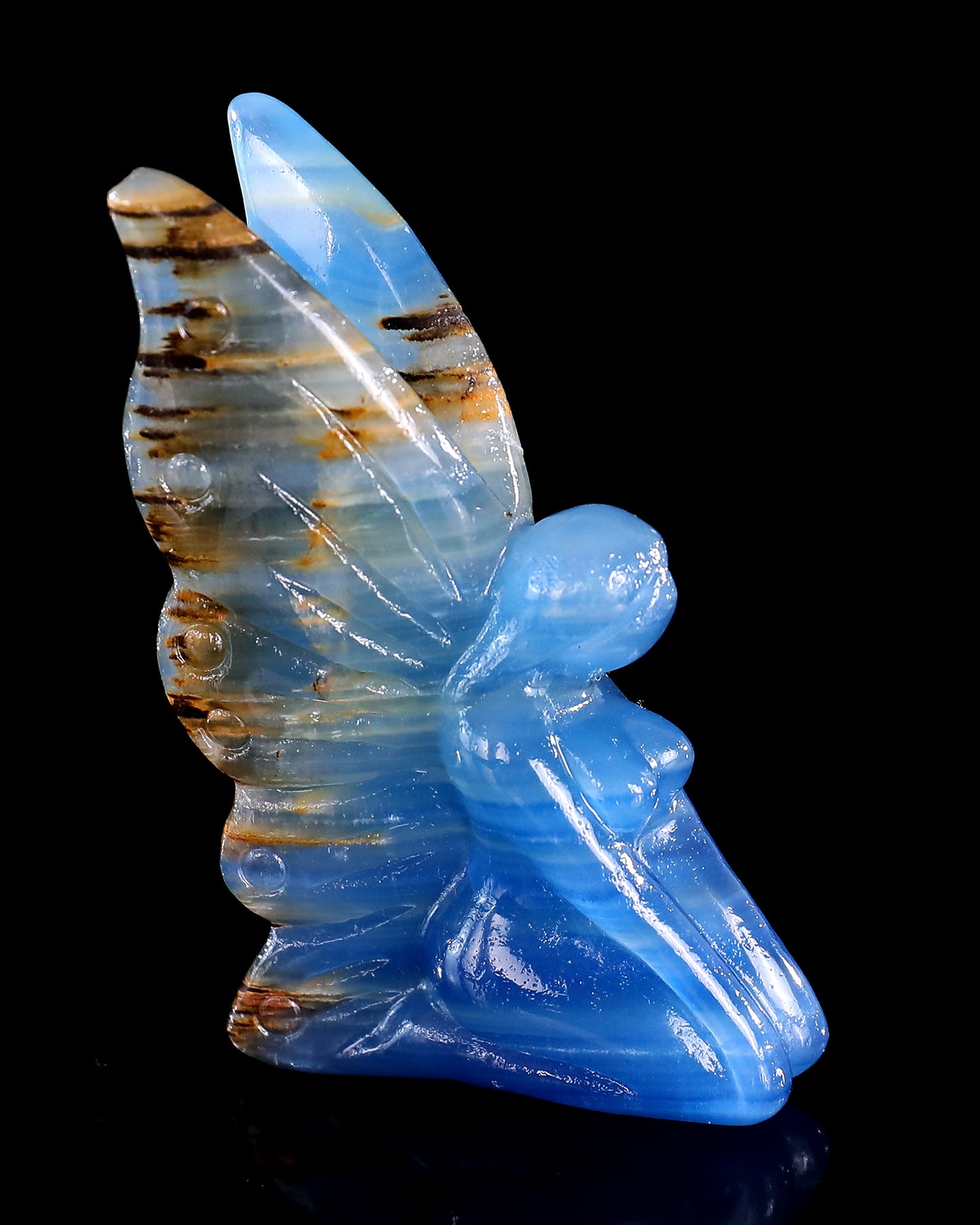 3" Blue Onyx Hand Carved Crystal Flower Faerie Sculpture