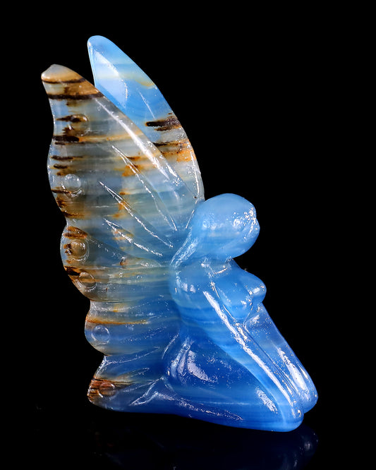 3" Blue Onyx Hand Carved Crystal Flower Faerie Sculpture